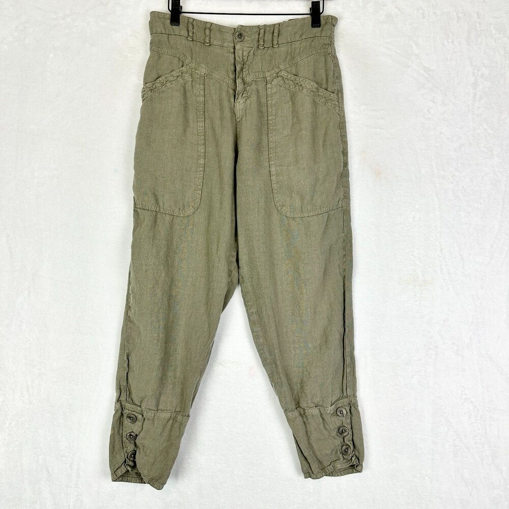 Wrap London Linen Tapered Pants Size 8 High Rise Crop Button Ankle Khaki/Green